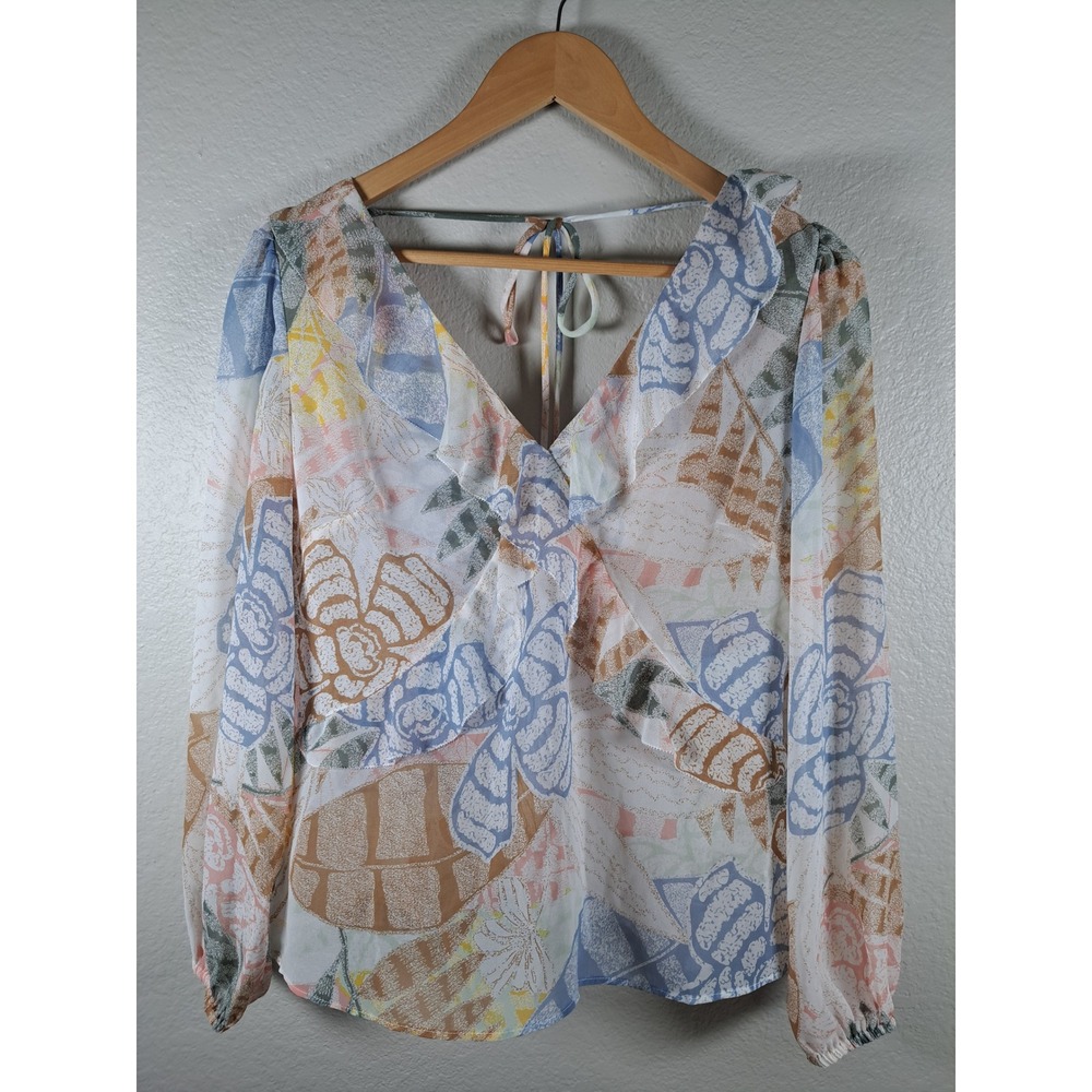 White House Black Market Floral Ruffle V-Neck Blouse Small Tropical Long Sleeve